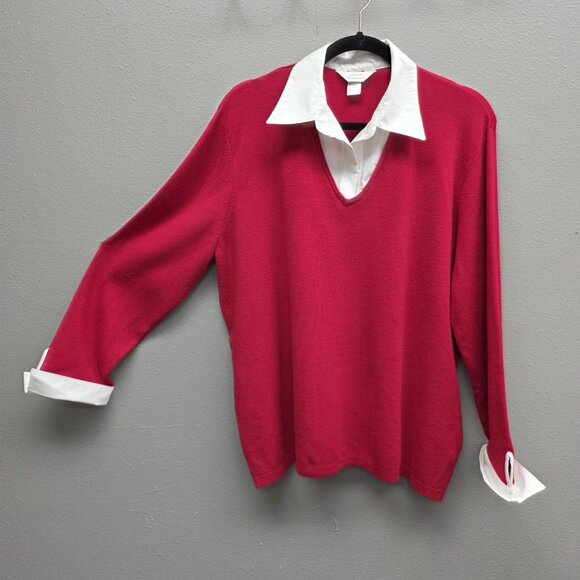 CJ Banks Sweater Womens 3X Red Collared V Neck Layered Look Pullover Mock Shirt - Picture 1 of 9